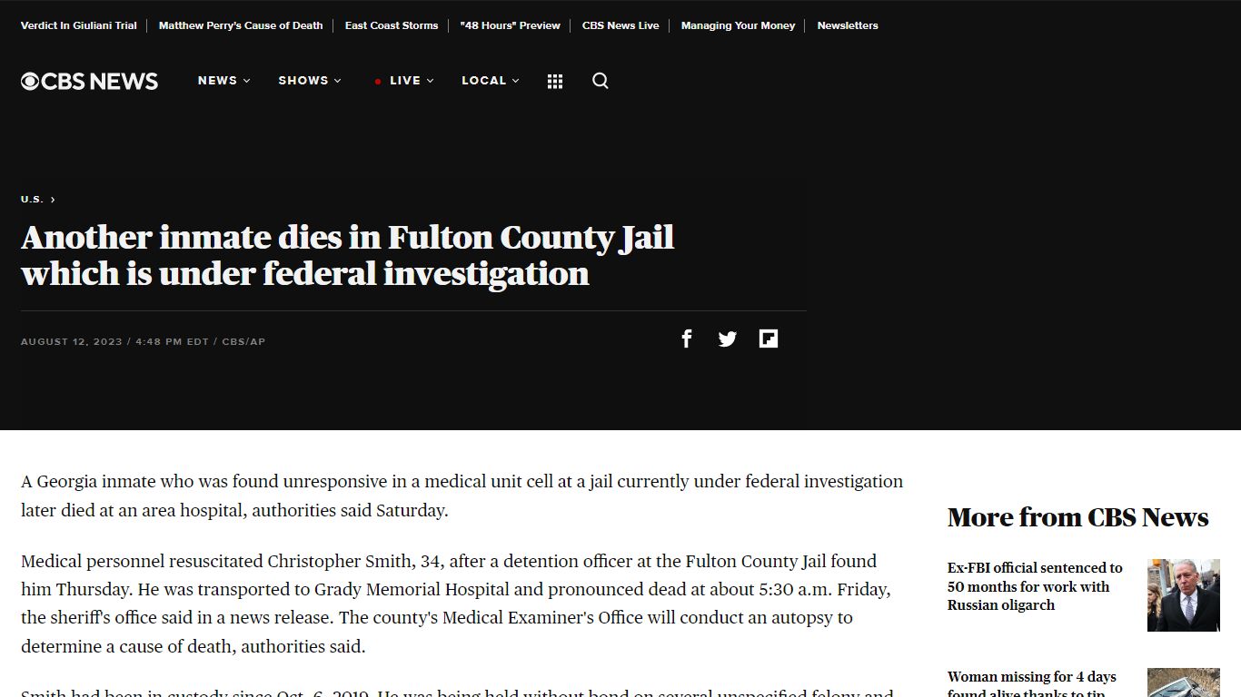 Another inmate dies in Fulton County Jail which is under federal ...